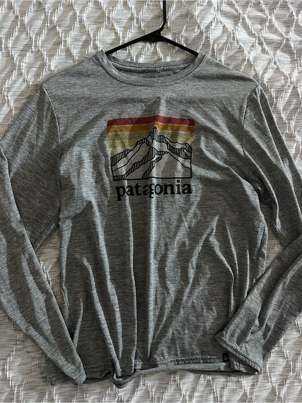Patagonia Heather Gray Long Sleeve Tee with Multicolor Sunset Stripes